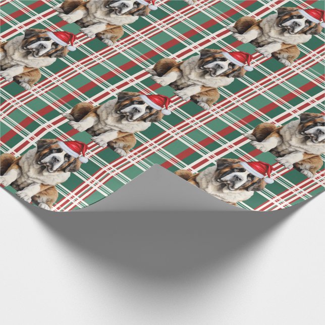 Saint Bernard Santa Dog Holiday Plaid Christmas Geschenkpapier (Ecke)