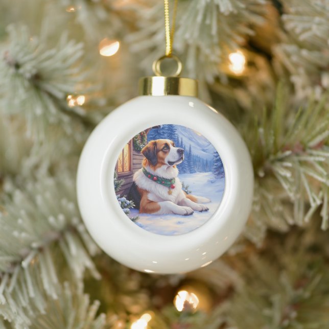 Saint Bernard Snowy Mountain Lodge Christmas Dog Keramik Kugel-Ornament (Baum)