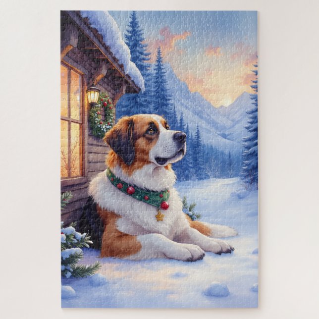 Saint Bernard Snowy Mountain Lodge Christmas Dog Puzzle (Vertikal)