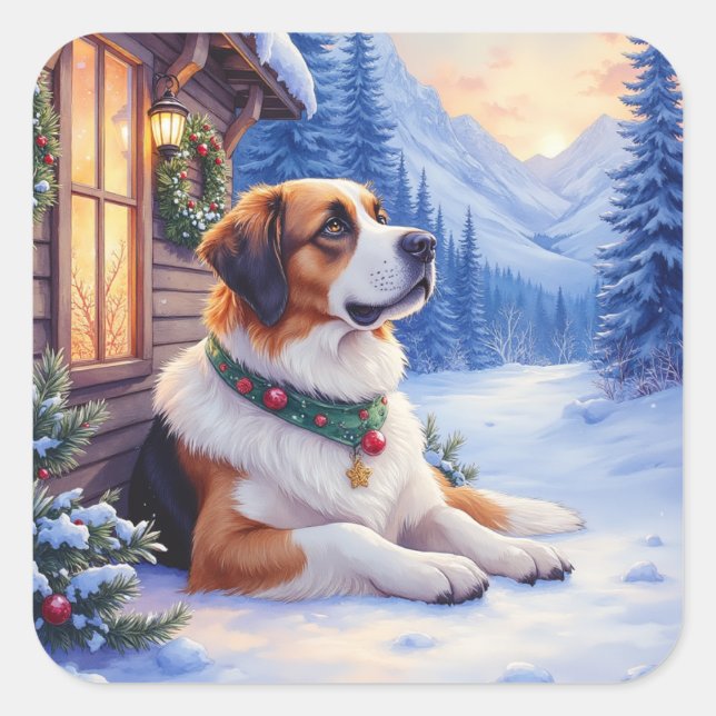 Saint Bernard Snowy Mountain Lodge Christmas Dog Quadratischer Aufkleber (Vorderseite)