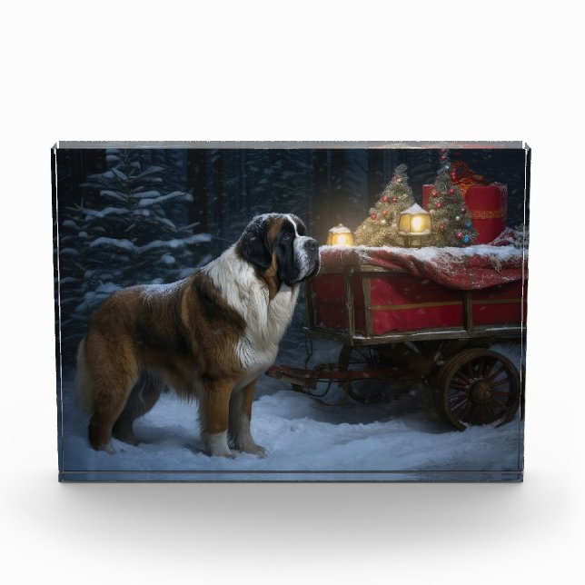 Saint Bernard Snowy Sleigh Weihnachtsdekor Fotoblock (Vorderseite)