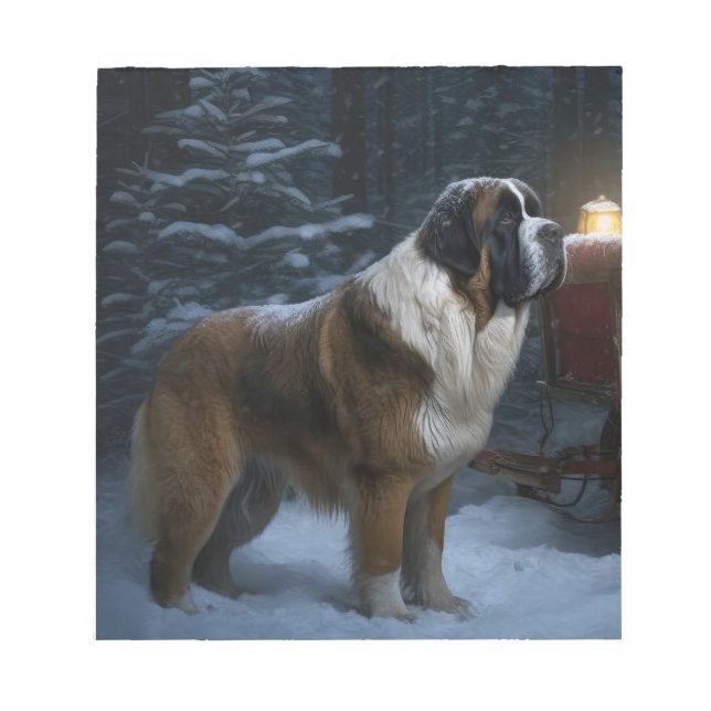 Saint Bernard Snowy Sleigh Weihnachtsdekor Notizblock (Vorderseite)