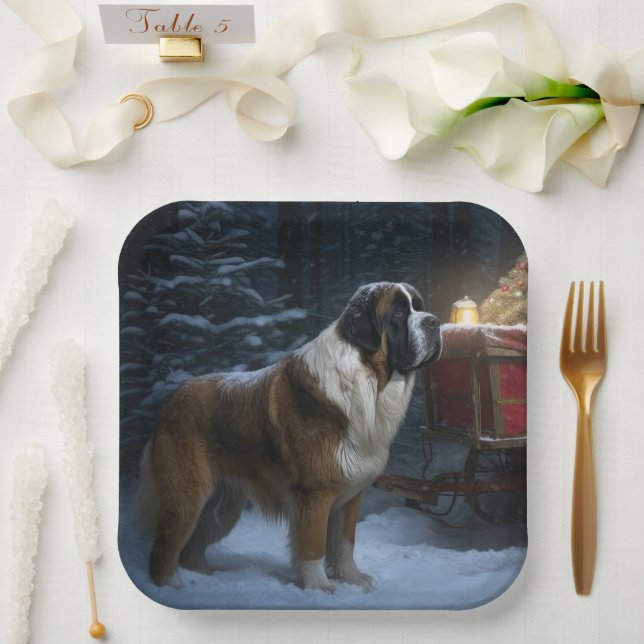 Saint Bernard Snowy Sleigh Weihnachtsdekor Pappteller (Hochzeit)