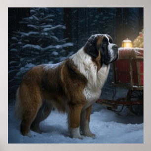 Saint Bernard Snowy Sleigh Weihnachtsdekor Poster