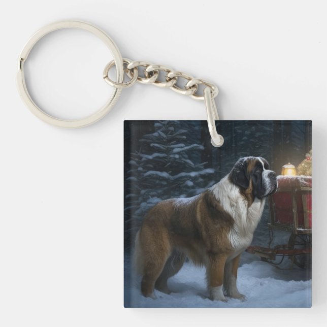 Saint Bernard Snowy Sleigh Weihnachtsdekor Schlüsselanhänger (Vorderseite)