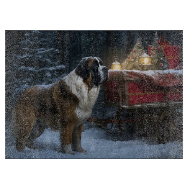 Saint Bernard Snowy Sleigh Weihnachtsdekor Schneidebrett (Vorderseite)