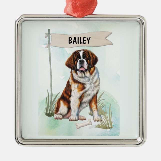 Saint Bernard Watercolor Personalized Dog Ornament Aus Metall (Vorne)