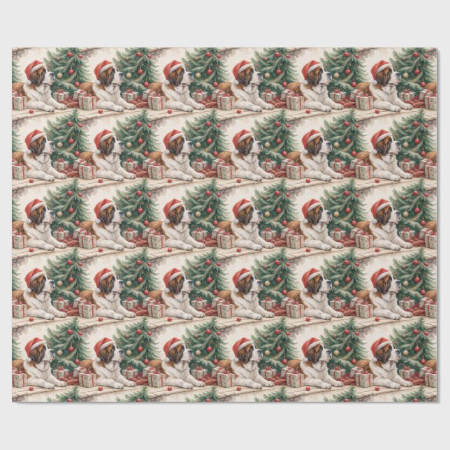 Saint-Bernard-Weihnachtsbaum-Aquarell  Geschenkpapier (Flach)