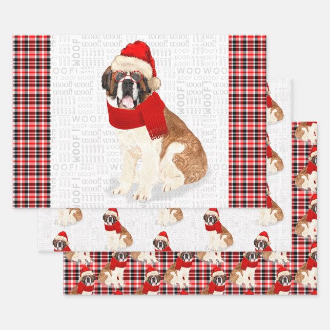 Saint Bernard Weihnachtshund Roter Karierter Feier Geschenkpapier Set (Set)