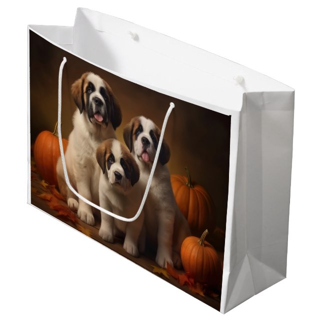 Saint Bernard Welppy Herbst Kürbis Große Geschenktüte (Vorderseite Schrägansicht)