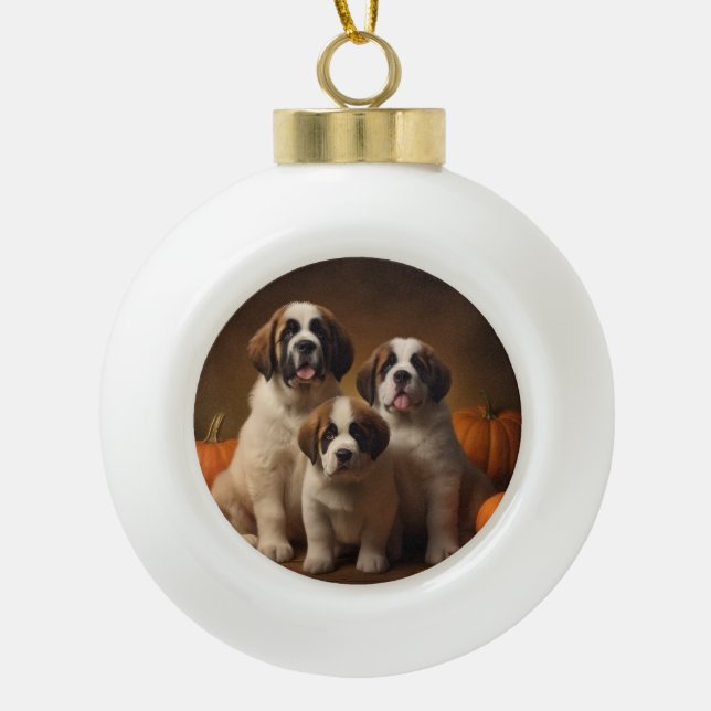 Saint Bernard Welppy Herbst Kürbis Keramik Kugel-Ornament (Vorderseite)