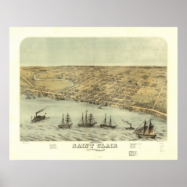 Saint Clair Michigan 1868 Antique Panoramabalkarte Poster (Vorne)