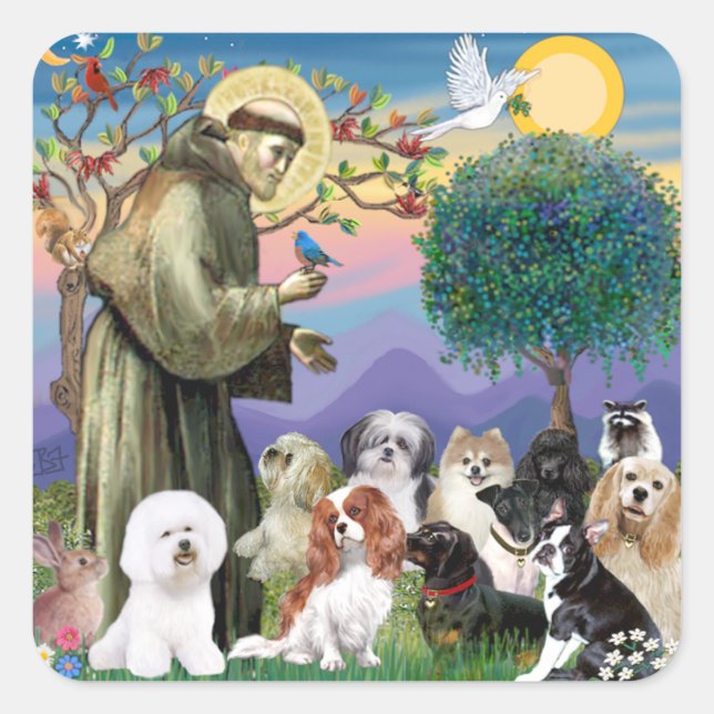 Saint Francis mit 10 Hunden Quadratischer Aufkleber (Vorderseite)