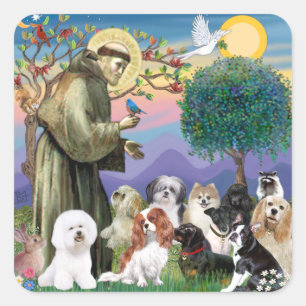 Saint Francis mit 10 Hunden Quadratischer Aufkleber
