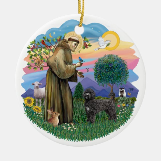 Saint Francis - Portugiesischer Wasserhund (schwar Keramik Ornament (Vorne)