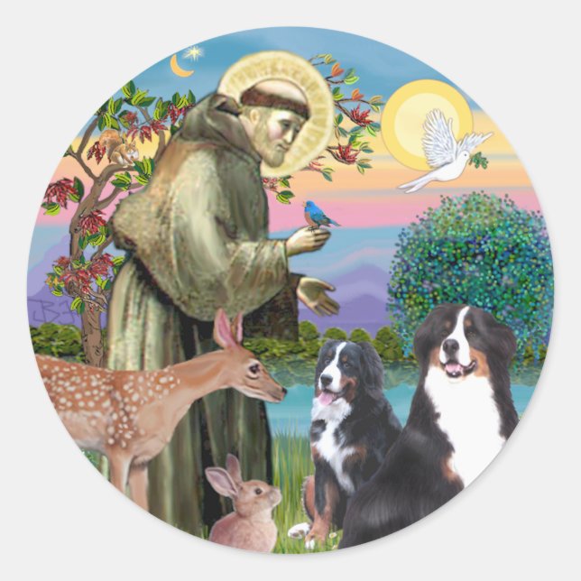 Saint Francis - Zwei Berner Hunde Runder Aufkleber (Vorderseite)