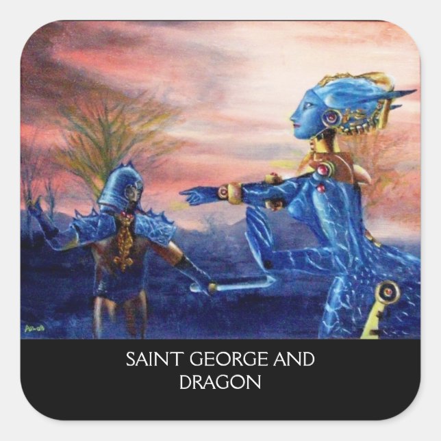 SAINT GEORGE UND ALIEN DRAGON QUADRATISCHER AUFKLEBER (Vorderseite)