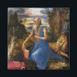 Saint Jerome in der Wildnis von Durer Magnet<br><div class="desc">Saint Jerome in the Wilderness by Albrecht Durer ist eine frühe, kleine, aber mächtige Öl- und Temperaiseikone aus dem Jahre 1495, die den Christlichen Heiligen der frühen Zeit darstellt. Details des Subjekts, der Landschaft, des Löwen und des strahlend bunten Himmels und der Wolken erwachen unter Durers Bürste zum Leben, das...</div>