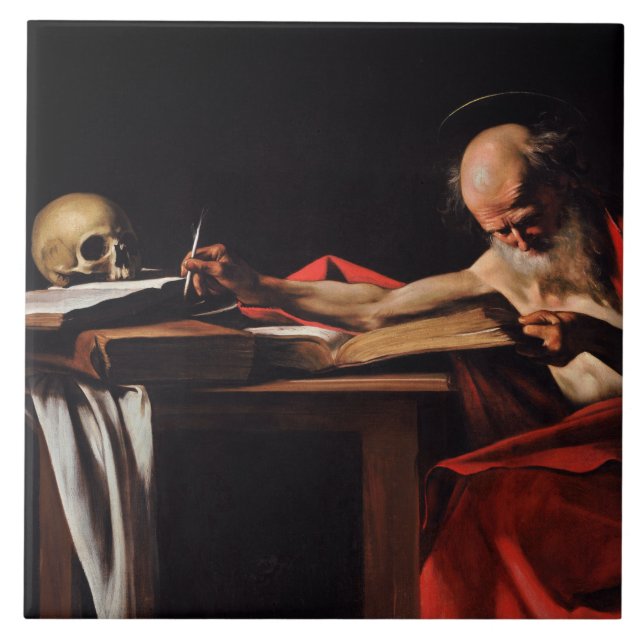 Saint Jerome Writing (von Caravaggio) Fliese (Vorderseite)