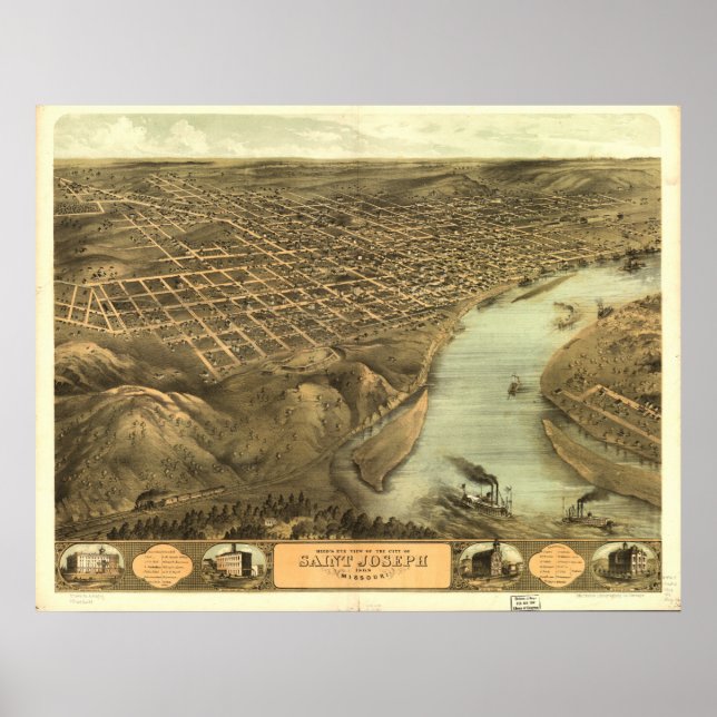Saint Joseph Missouri 1868 Antike Panoramakarte Poster (Vorne)