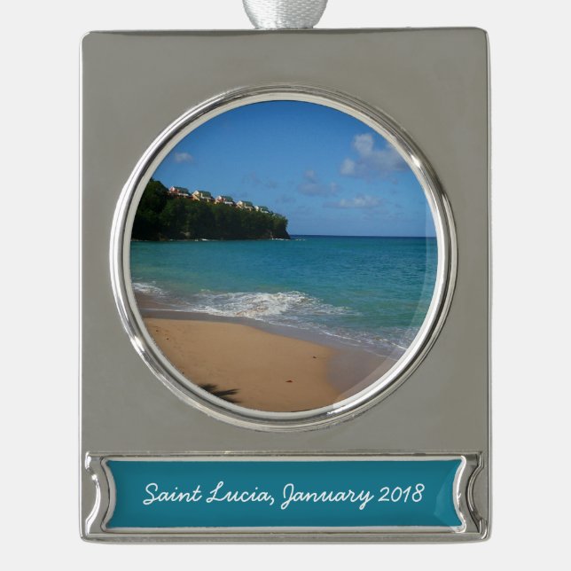 Saint Lucia Beach Tropical Ferien Landschaft Banner-Ornament Silber (Vorderseite)