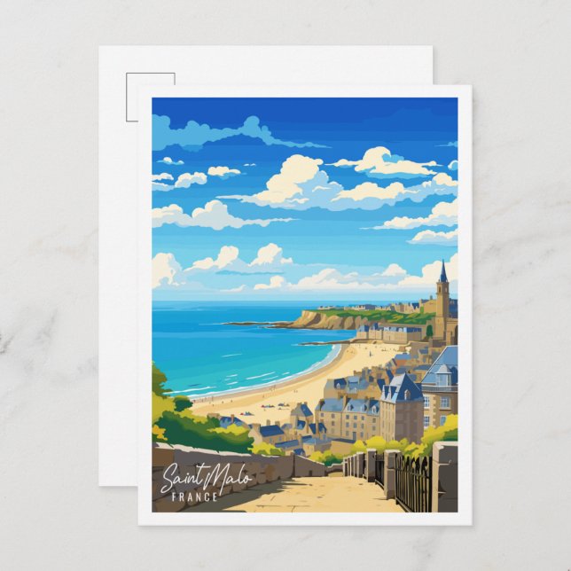 Saint Malo Frankreich Vintage Illustration Postkarte (Vorne/Hinten)
