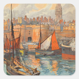 Saint Malo, Frankreich, Vintage Travel Poster Art Quadratischer Aufkleber