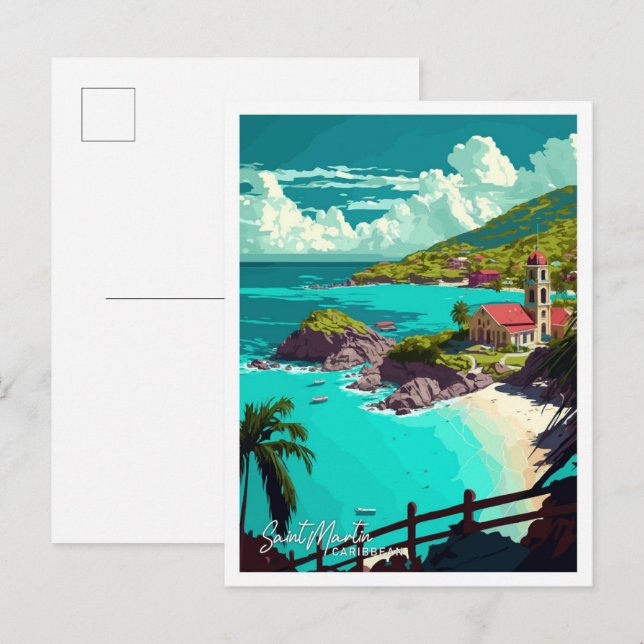 Saint Martin Caribbean Travel Vintag Illustration Postkarte (Vorne/Hinten)