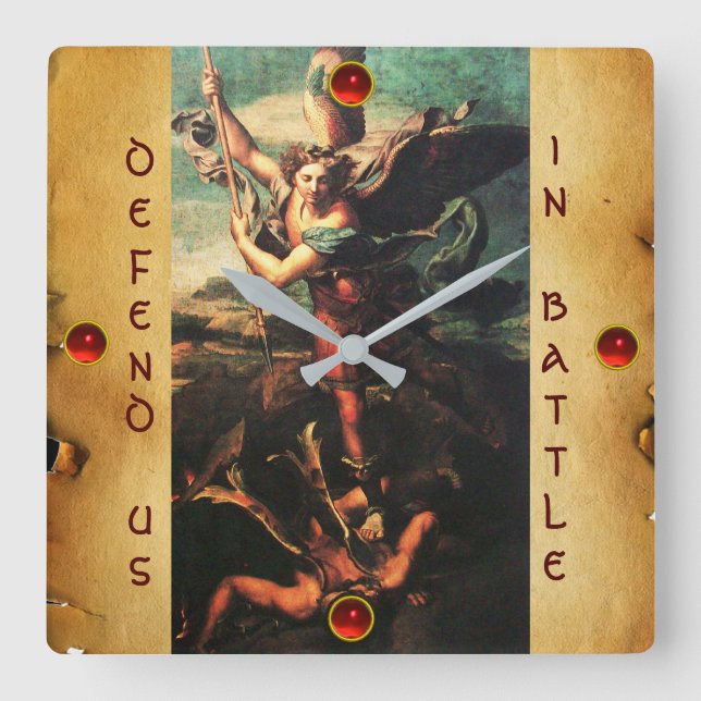 SAINT MICHAEL VANGUISHING SATAN Parchment Quadratische Wanduhr (Vorderseite)