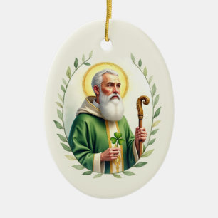 Saint Patrick Watercolor Portrait to the Leafy Wre Keramik Ornament