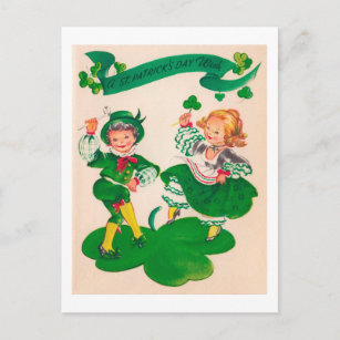 Saint Patrick's Day Boy & Girl, Vintag Postkarte