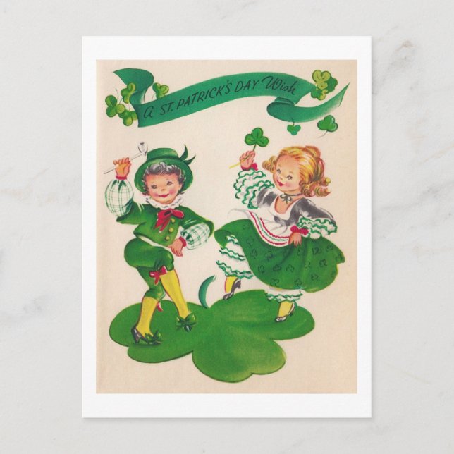 Saint Patrick's Day Boy & Girl, Vintag Postkarte (Vorderseite)