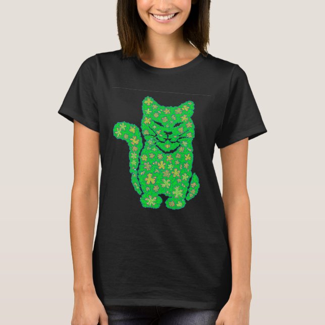 Saint Patrick's Day Cat Silhouette Green Kleeblatt T-Shirt (Vorderseite)