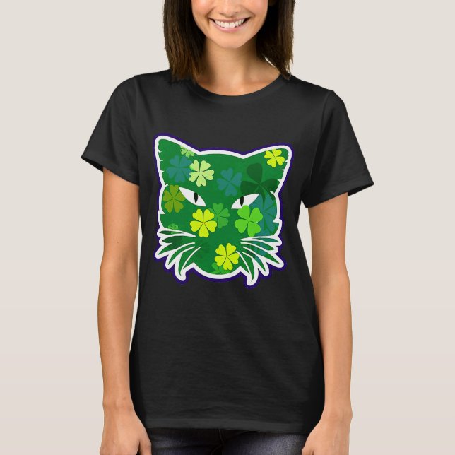 Saint Patrick's Day Cat Silhouette Green Kleeblatt T-Shirt (Vorderseite)