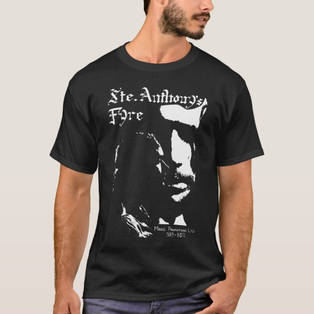 Sainte Anthonys Fyre Weiß auf Schwarzem T-Shirt (Vorderseite)