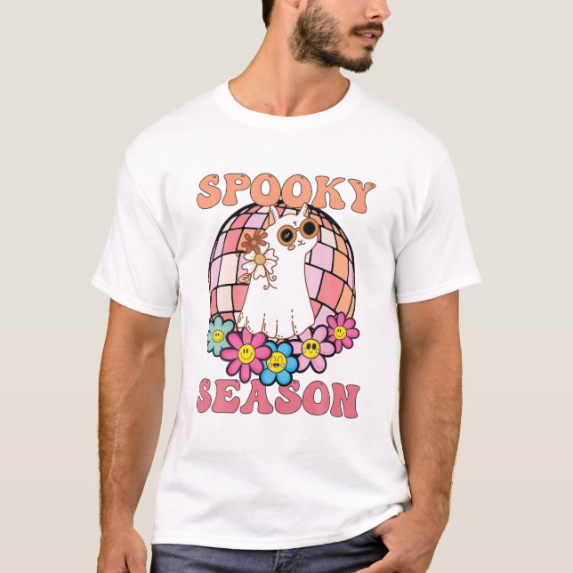Saison Groovy Ghost Cat Retro T-Shirt (Vorderseite)