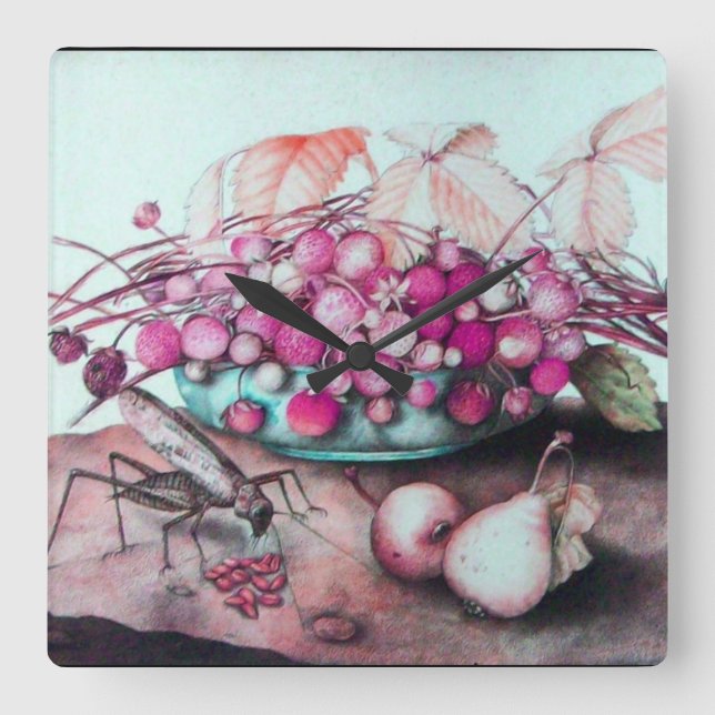 SAISON'S OBITS, STRAWBERRIES PEARS UND CICADA QUADRATISCHE WANDUHR (Vorderseite)