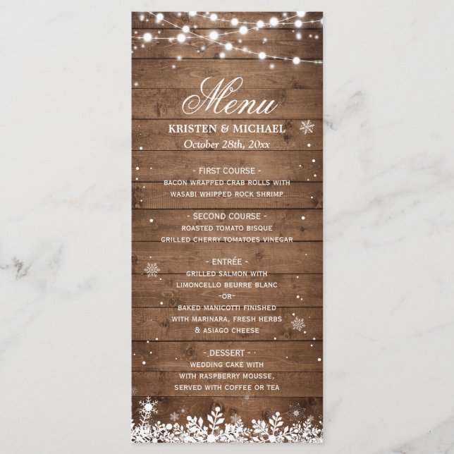 Saitenlichter Wood Rustic Winter Wedding Menu Menükarte (Vorderseite)