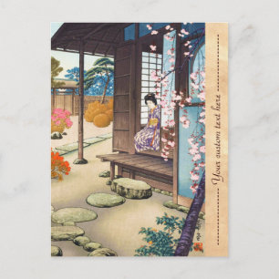 Saito Hodo Bijin neben einer Gartenveranda im Früh Postkarte