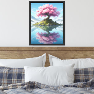 Sakora-Baum im See mit Berg, rosa Blume Leinwanddruck
