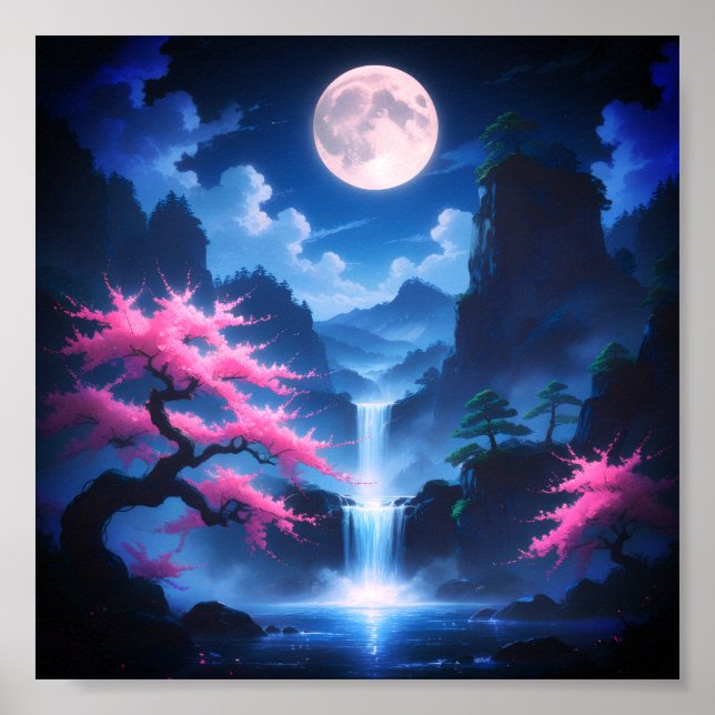 Sakora-Baum-Mondlicht-Wasserfall mit Kirschrosa Poster (Vorne)