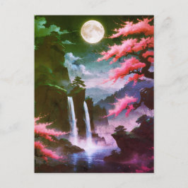 Sakora tree-Moonlit Waterfall with Cherr-pink Postkarte