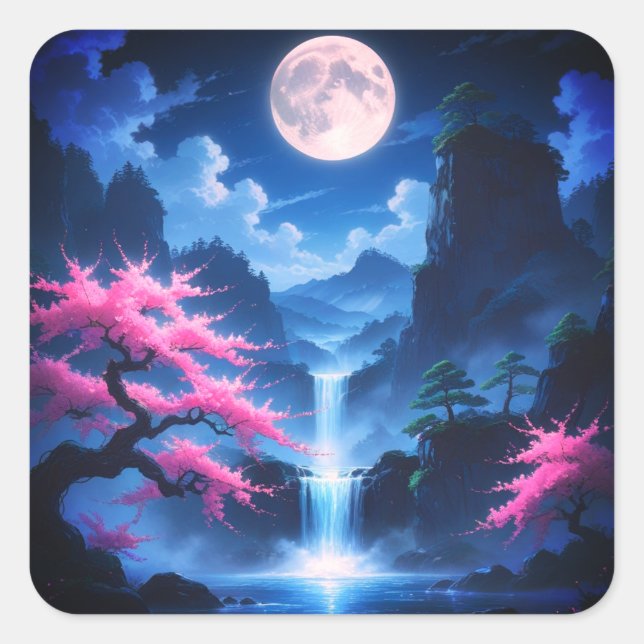 Sakora tree -Moonlit Waterfall with Cherry-nature Quadratischer Aufkleber (Vorderseite)