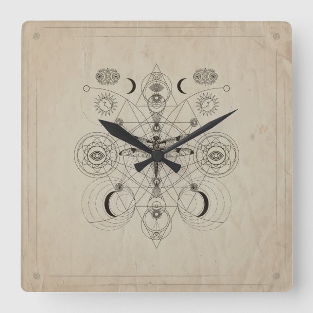 Sakrale Geometrie der Drachenfliege Quadratische Wanduhr (Vorderseite)