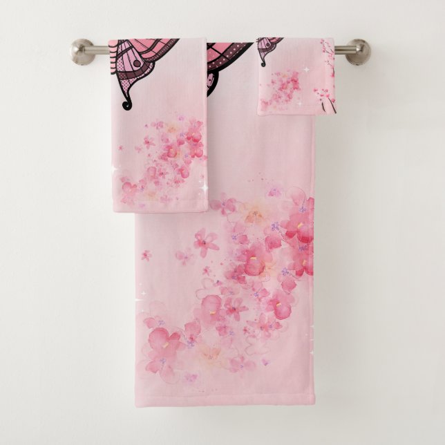 Sakura Bliss, rosa Moth, Sakura Hintergrund Badhandtuch Set (Insitu)