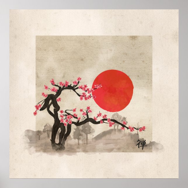 Sakura Blossom Landschaft Zen Hieroglyph Poster (Vorne)