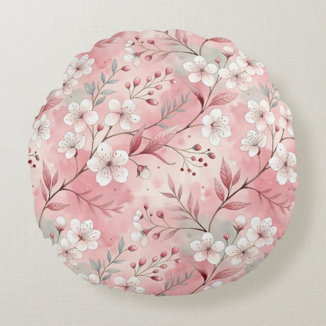 Sakura Blume Pattern Pink Rundes Kissen (Vorderseite)