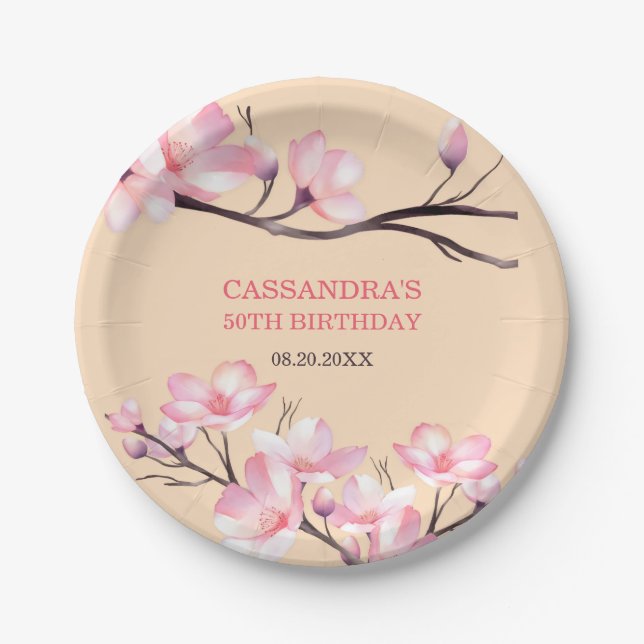 Sakura Blush Pink Cherry Blossom Peach Birthday Pappteller (Vorderseite)