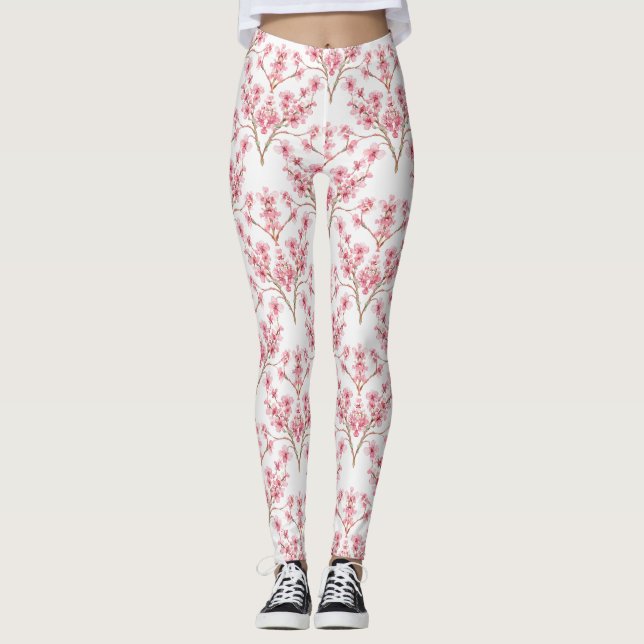 Sakura Cherry Blossom Damask Wassercolor Leggings (Vorderseite)