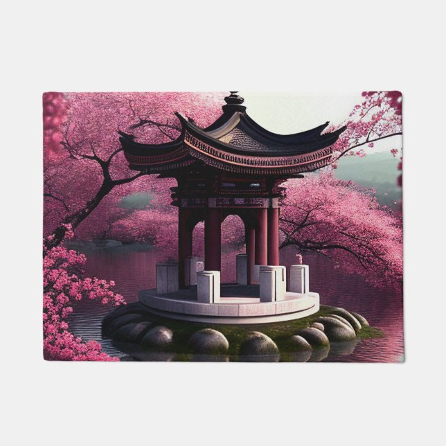 Sakura Cherry Blossom Garden Shrine Pond Japanisch Fußmatte (Vorderseite)